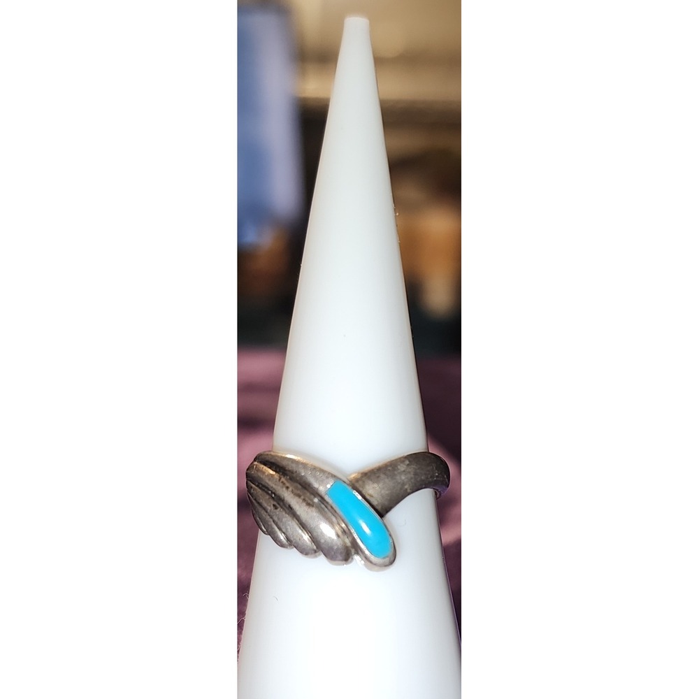 VTG OTT Sterling Silver Inlay Ribbed Wing  Ring Size 7.75 Southwestern